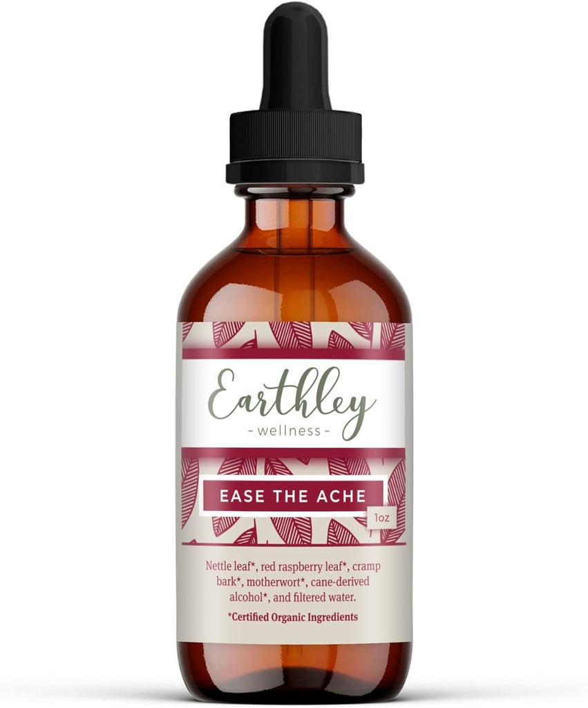 Earthley Wellness Ease Ache, Natural Hormone Support for Cramp, Bloating, Mood Swings, og Postpartum discomfort, Cramp Bark, Red Raspberry Leaf, Motherwort, Nettle (1oz)