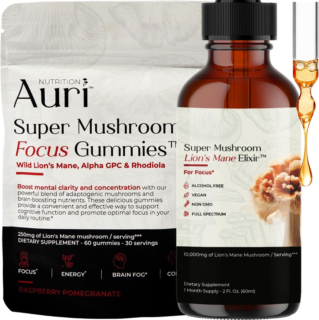 Auri Focus Gummies & Brain Boost Elixir Bundle - Super Mushroom Focus Gummies & Lions Mane Liquid Elixir - Kognitiv funktion & Mental Clarity Supplement - 60 Gummies og 60ml Elixir