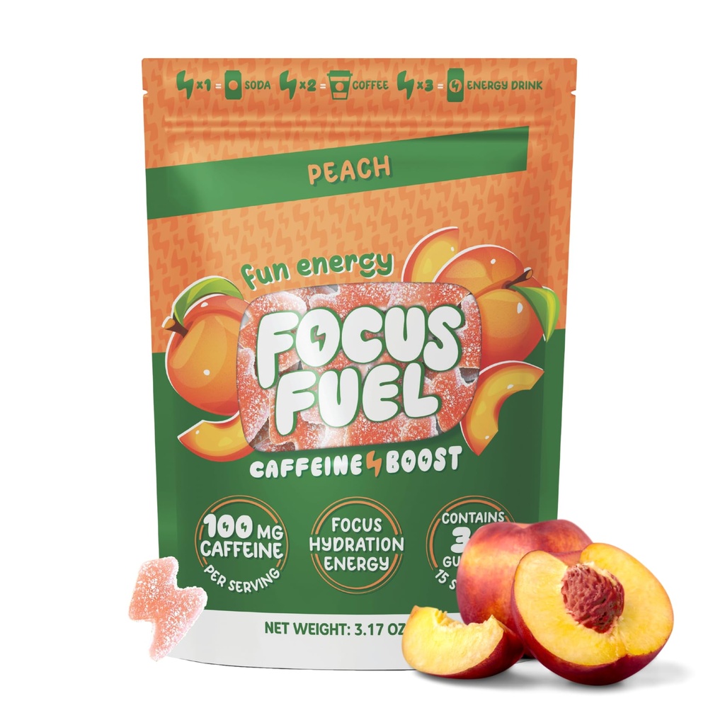 FocusFuel Energy Chews - Peach Flavor (15 Servere) - 100mg Koffein + Alpha GPC + L- Theanine + B12, Magnesium - Glat Focus & Energy - Ingen Crash eller Jitters
