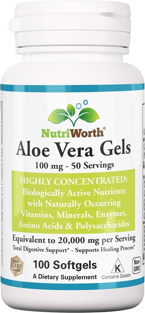 Aloe Vera Supplement (100 Softgels) 20,000mg Pure Gel Equivalency - Made with Organic Aloe Vera