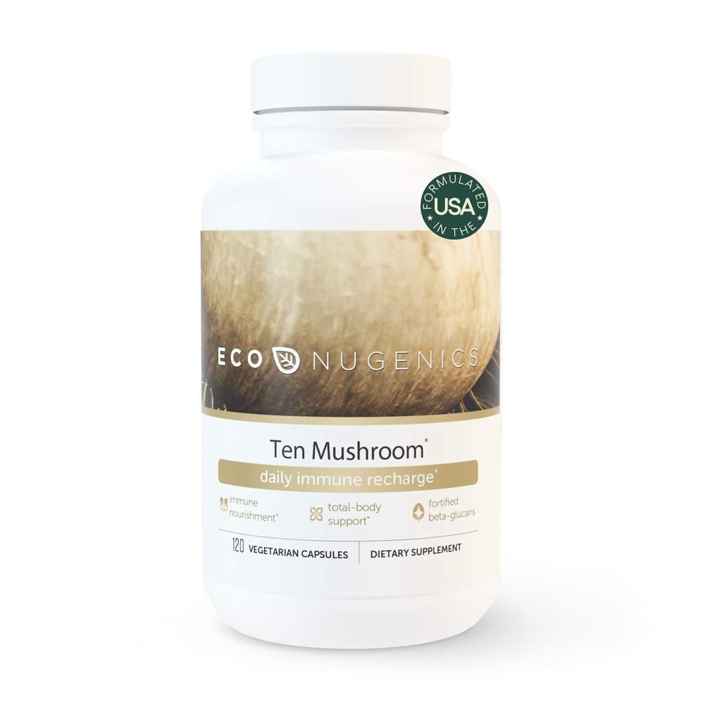 EcoNugenics Ten Mushroom Supplement: Daglig immunforsvar, 120 Kapsler - Lions Mane, Reishi, Cordyceps, Tyrkiet Tail - Energi, Gut Sundhed, Lever, Nyre, Cholesterol & Nootrop Brain Support