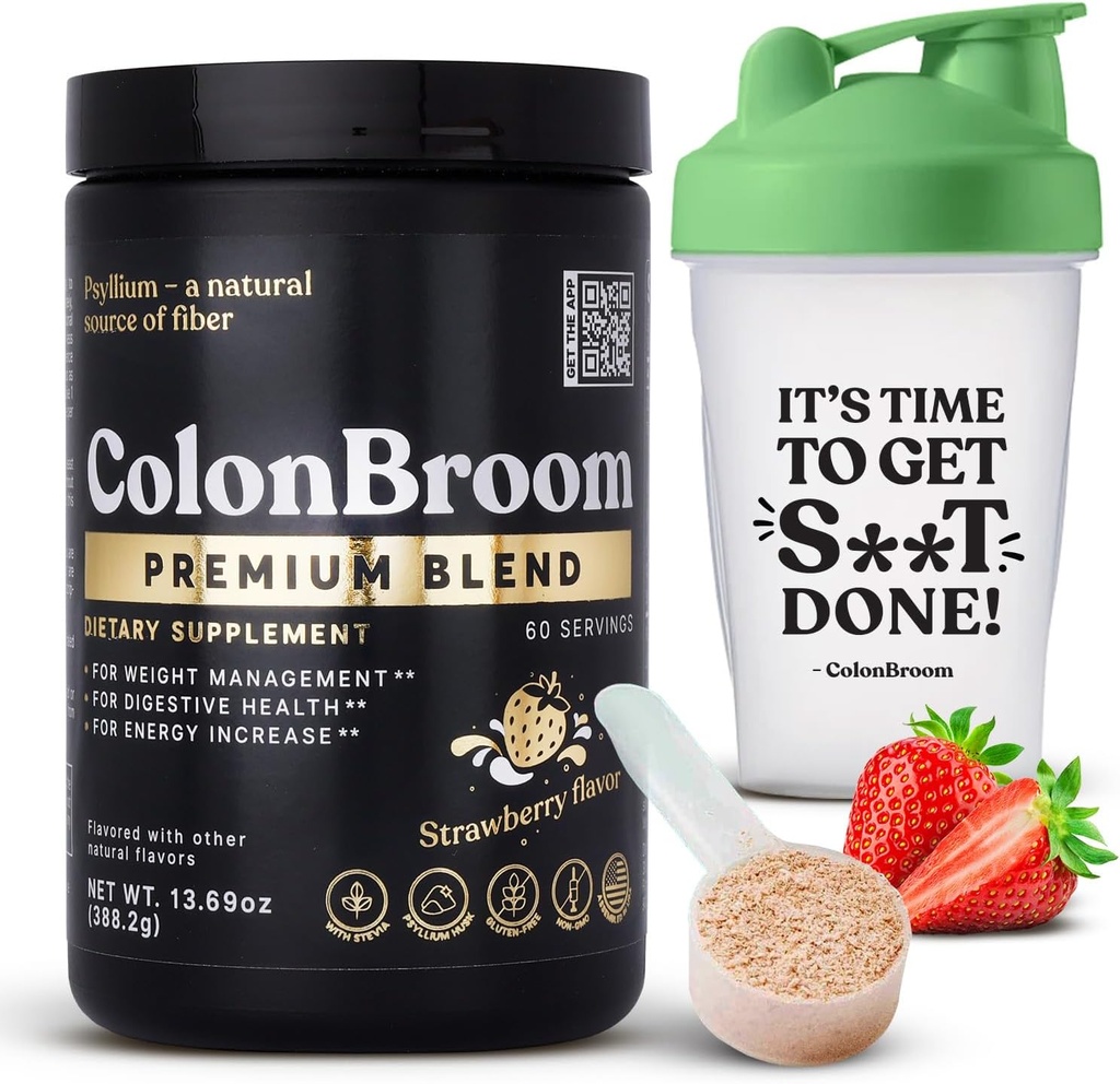 ColonBroom Premium Psyllium Husk pulver (Strawberry, 60 Servering) + Shaker Flaske til Colon Broom Fiber Powder Drink Bundle - Colon Cleanse for Bloating Relief & Gut Sundhed - Fiber Powder Supplement