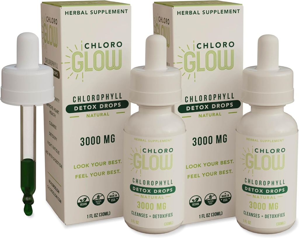 Chloroglow Liquid Chlorophyll Oxygen Drops 300 mg • 124; Metabolisme Supplement • 124; immunforsvar • 124; Natural Detox • 124; Alderdomshjælp • 124; Legemsdeodorizer • 30ml (pakke med 2)