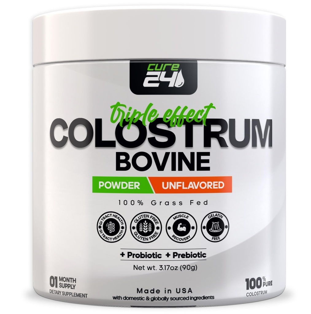 Bovin Colostrum X3 Supplement Pulver til mennesker, 100% Pure hele naturlige grass Fed Superfood, High IgG, Plus Probiotic & Prebiotic, Unflavored, Made in USA