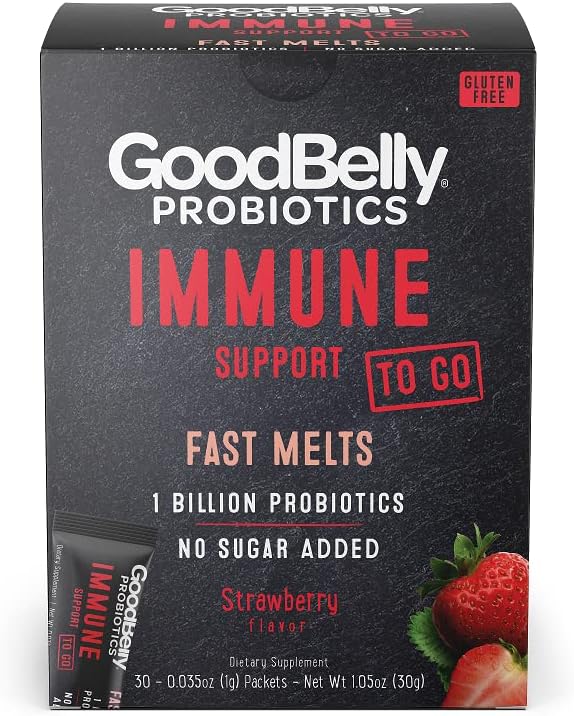 GoodBelly ® Fast Melts - immunforsvar - Vegansk probiotisk pulver til immunstøtte - 1 milliard levende & aktive kulturer - Jordbærsmag (30 On- The- Go Pakets)