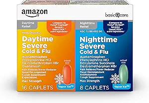 Basic Care Vapor Ice Daytime and Nighttime Svær kold og influenza, Overtrukket Caplets, Combo Pack, 24 Greve