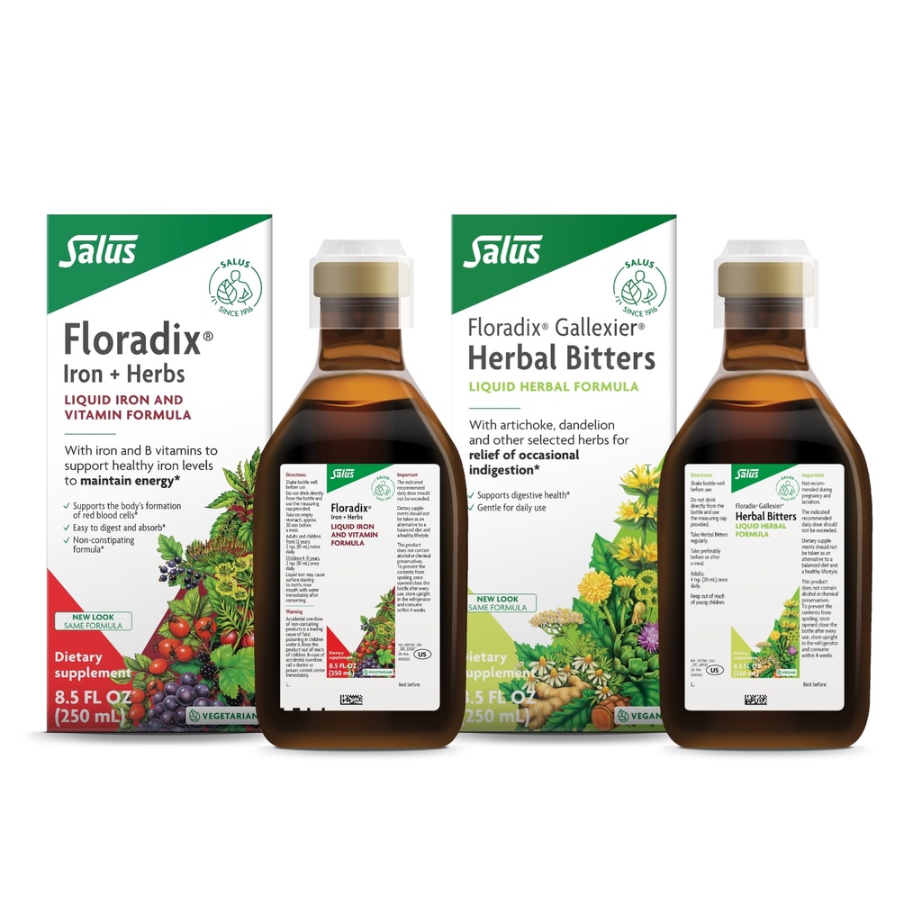 Floradix by Salus Gallexier Herbal Bitters (8.5 oz) & Iron & Herbs (8.5 oz) Bundle - Herbal Bitter til fordøjelsesstøtte * - Iron Supplement til sund energistøtte *