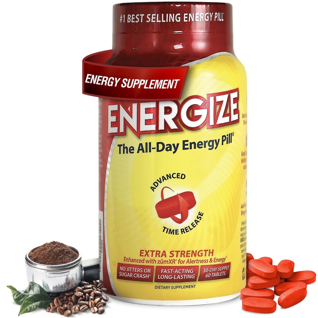 Energize Extra Strength Koffein Pills, Fast fungerende Longt- Language Energy Pill med udvidet tidsfrigørelse Koffein, Forbedret Klarhed & Energistøtte til mænd og kvinder, Ingen Jitters, Ingen Crash (60 tabletter)