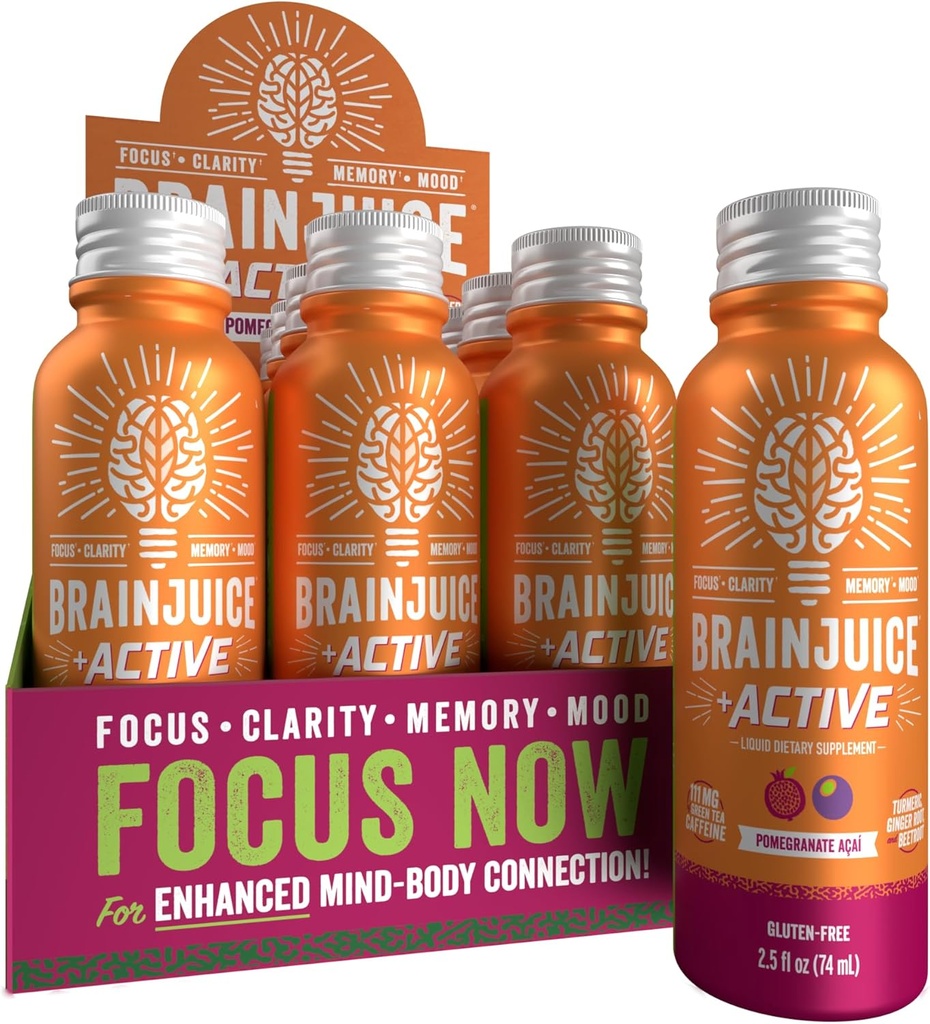 BrainJuice Active Focus & Energy Drink Shots, Understøtter Endurance, Recovery & Clarity, Non- GMO, Gluten Free, Nootropics, Alpha GPC, B Vitamin & Organic Green Tea, Pomegranate Acai, 2,5 fl oz, 12 Pack