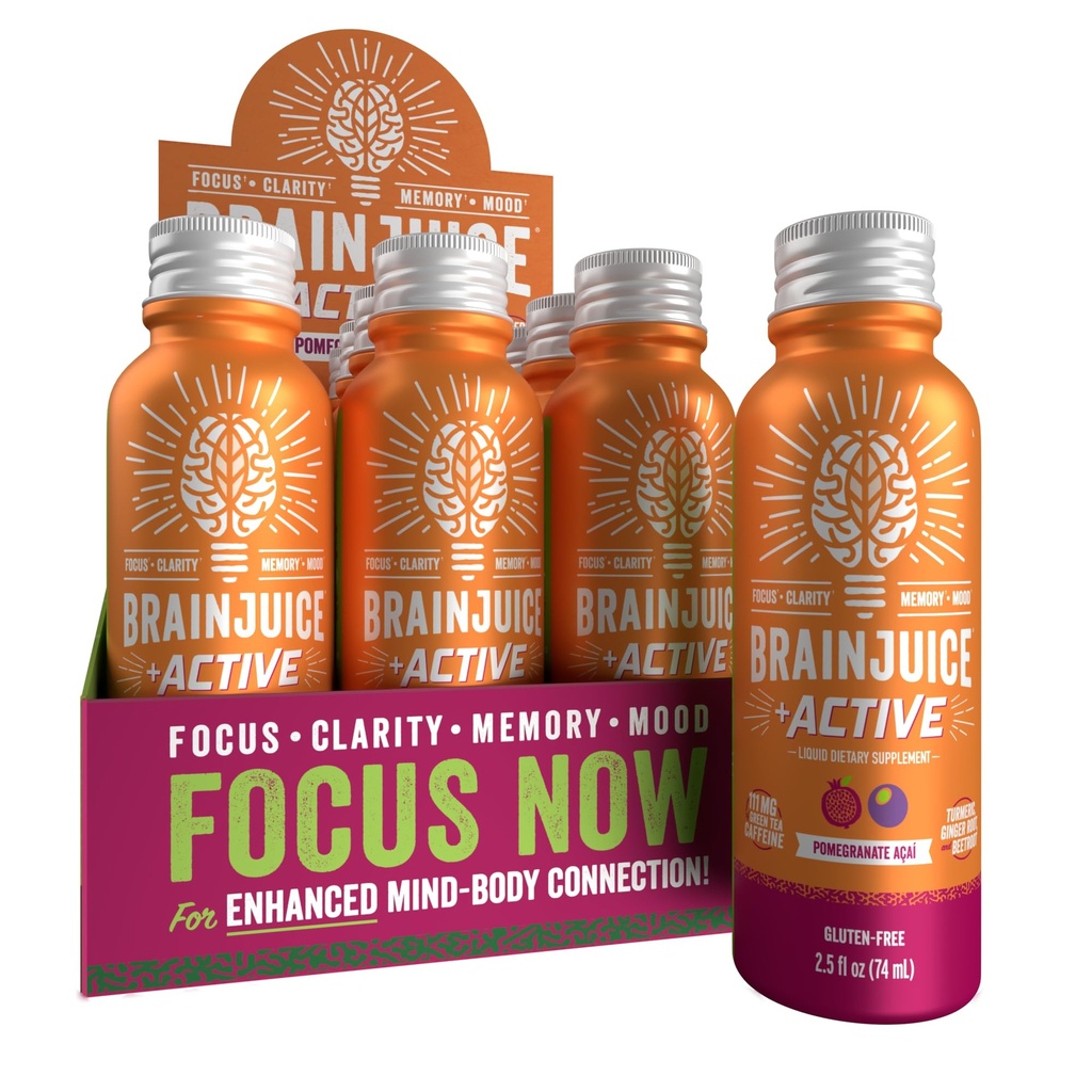 BrainJuice Active Focus & Energy Drink Shots, Understøtter Endurance, Recovery & Clarity, Non- GMO, Gluten Free, Nootropics, Alpha GPC, B Vitamin & Organic Green Tea, Pomegranate Acai, 2,5 fl oz, 12 Pack