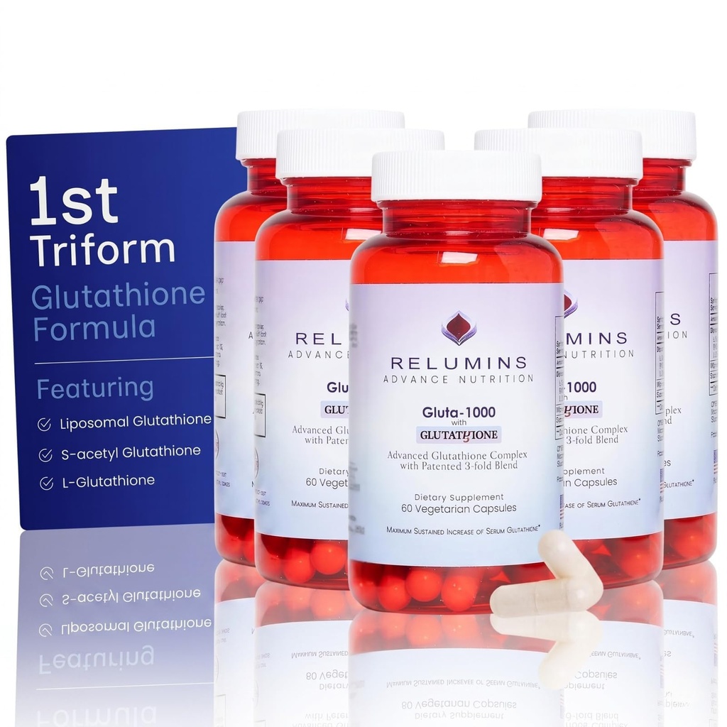 Relumins L Glutathion Supplement Complex - Reduceret Glutathion 1000mg med Alpha Lipoic Acid & Rose HIPS kapsler til næret & Smoother Skin, 60 Caps x 5 flasker