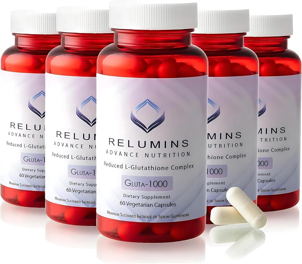 Relumins L Glutathion Supplement Complex - Reduceret Glutathion 1000mg med Alpha Lipoic Acid & Rose HIPS kapsler til næret & Smoother Skin, 60 Caps x 5 flasker