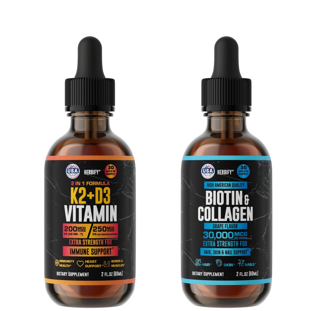 HERBIFY bundle - K2 og D3 Drops & Biotin og Collagen Drops - Knoglestyrke & hår, hud, negle støtte