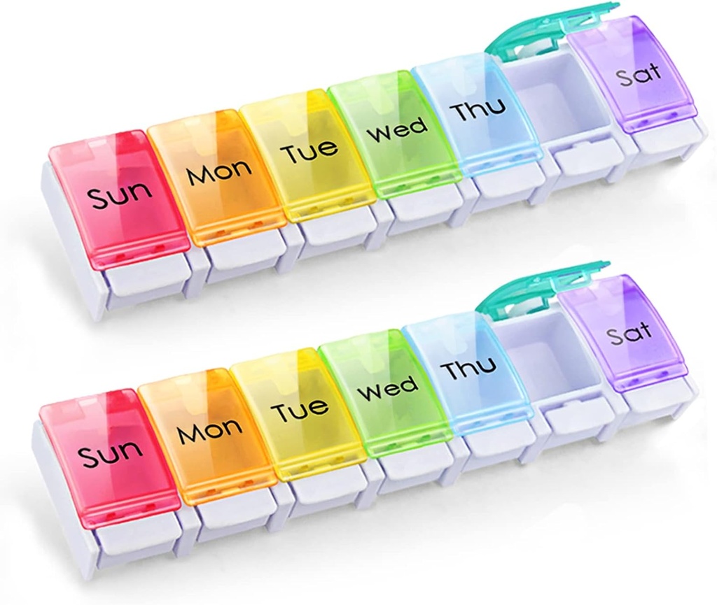 GOGOODA 2 Pack Weekly Pill Organizer Gigt Friendly, Travel 7 Day Pill Holder Vitamin Container Organizer med Popup Open Design og Ample Space at holde vitaminer, fiskeolie og medicin