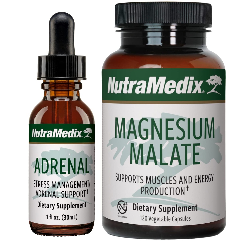 Nutramedicinsk energistøtte bundle - omfatter adrenal energi støtte flydende dråber og Magnesium malatkapsler til energi & atletisk støtte - ingen koffein - 2-stykke supplement sæt