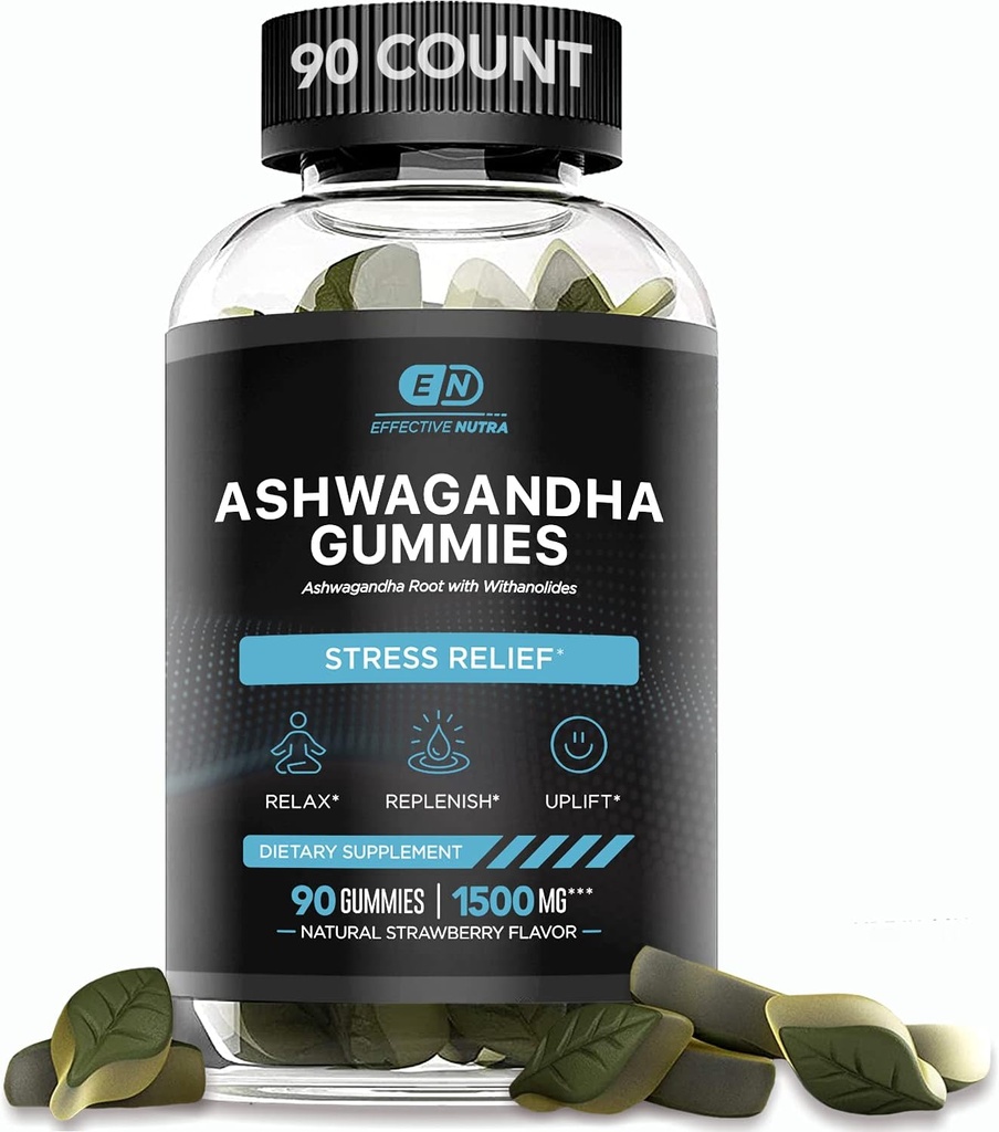 EFFECTIVE NUTRA Ashwagandha Gummies 1500mg | Stress Relief, Immune Support, Calm Mood, Energy | Natural Berry Flavor | 45-Day Supply | Vegan, Gluten-Free, Non-GMO | Supplement for Men & Women (90ct)