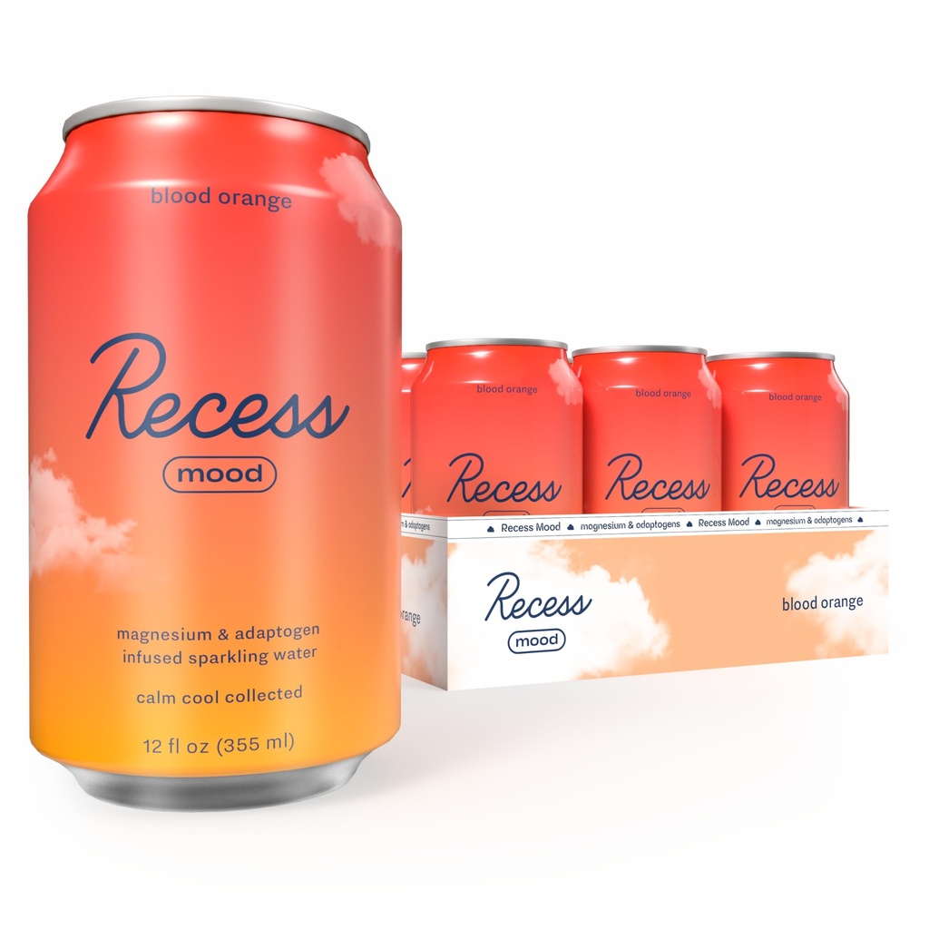Recess Mood Magnesium & Adaptogen Drik, Afslapning Drikkevarer, 12 Unse (Blod Orange, 12 pakke)