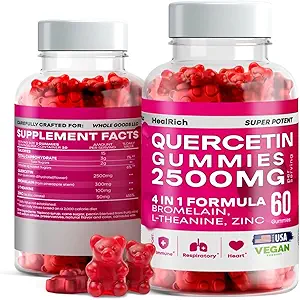 Quercetin Gummies - 2500MG Quercetin med bromelain L- theanin & Zink - Pure Supplement for immunsystem Lung and Allergy Support - Immunity Booster Vegan Kosttilskud til børn og voksne - 2 Pack