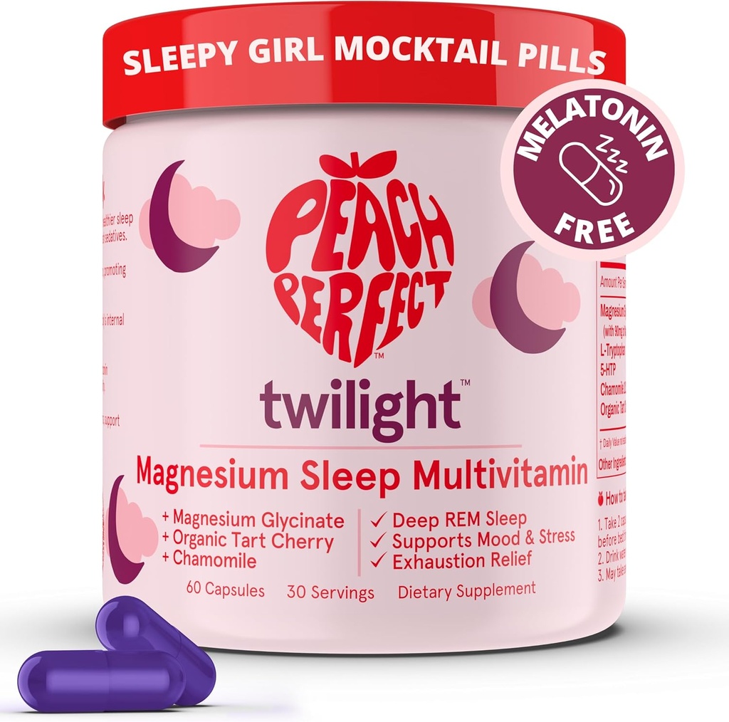 Peach Perfect Twilight Magnesium Glycinate Sleep Multivitamin Magnesium tillæg med Organic Tart Cherry, Kamille, 5-HTP, L- Tryptophan, Natural Sleepy Girl Mocktail, 60 kapsler, 30 Servere