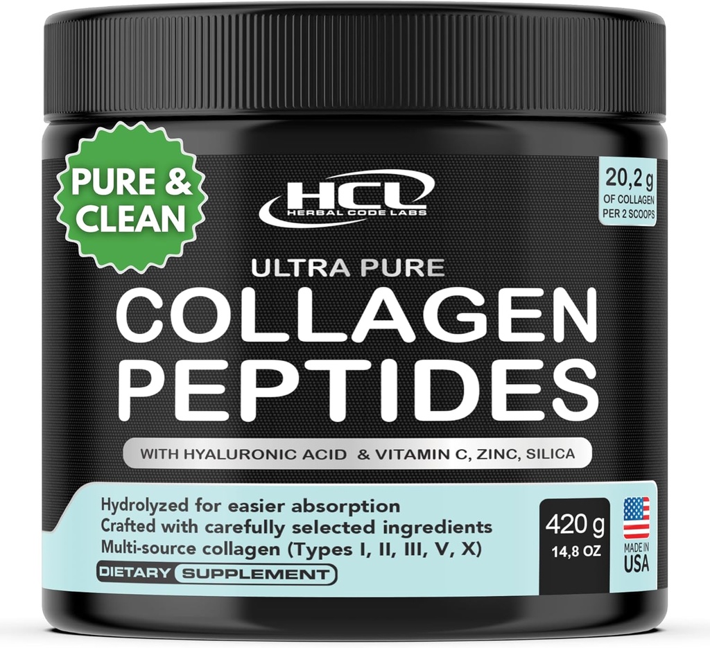 Kollagen peptider pulver med C-vitamin & hyaluronsyre - fra økologiske rensemidler & Super High Absorption - Hydrolyseret Multi Type I, II, III, V, X - Skin hår supplement Lavet i USA
