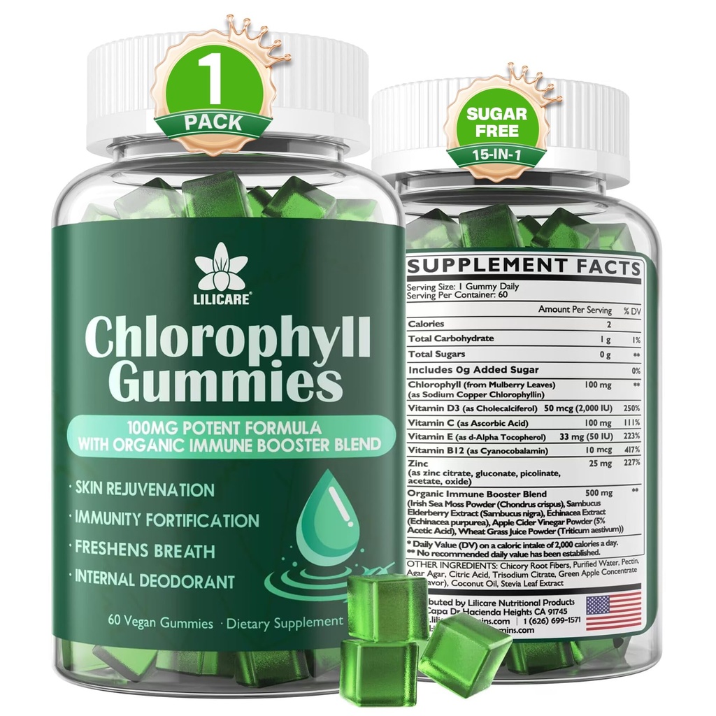 Chlorophyll Gummies - Super Green med hvedegræs, Sea Moss, Ufiltreret ACV & Elderberry, Echinacea, Zink Complex & Vitamin D3, C, E, B12 for naturlige deodorant, Immun & fordøjelsesstøtte, 60 tykkere