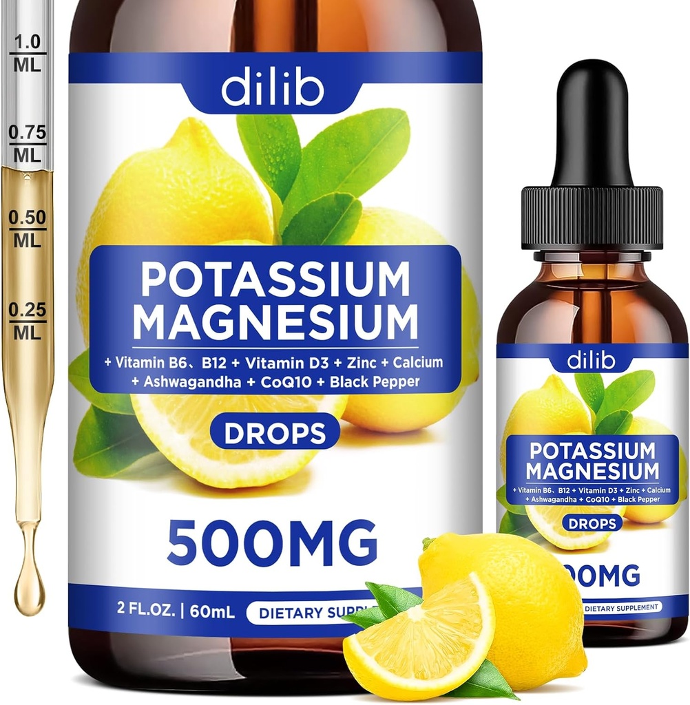 Kalium Magnesium Citrate Supplement, Flydende Magnesium Citrate Drops 500mg med Ashwagandha, Calcium, Zink, D3- vitamin, B6, B12, CoQ10 - Vegan 2 fl oz Lemon Flavor