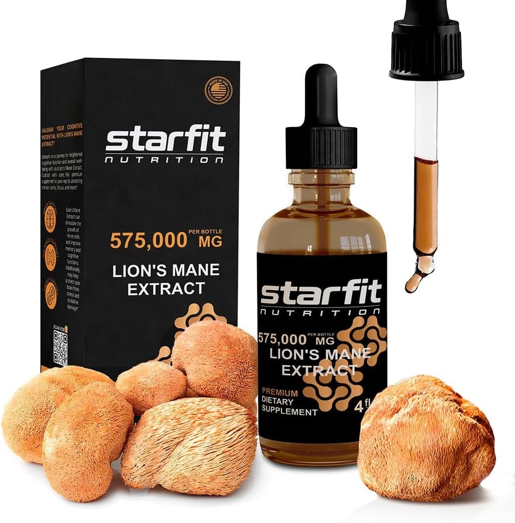STARFIT Lions Mane Mushroom Extract, 755.000 mg, flydende supplement til immunforsvar, hukommelse og fordøjelsessygdomme, 4 fl oz