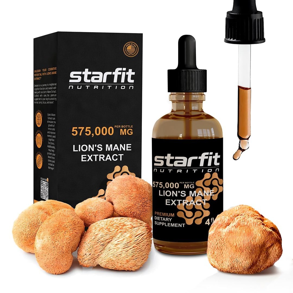 STARFIT Lions Mane Mushroom Extract, 755.000 mg, flydende supplement til immunforsvar, hukommelse og fordøjelsessygdomme, 4 fl oz