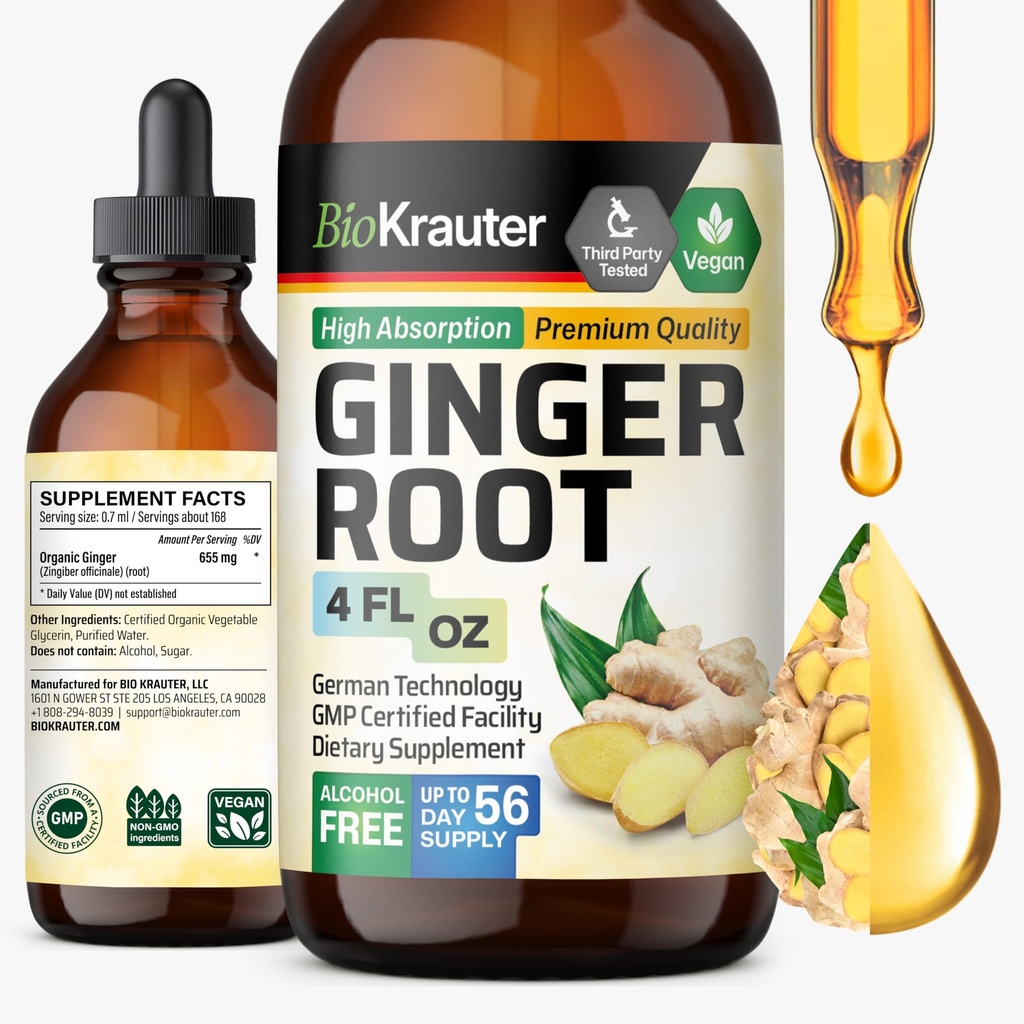 BIO KRAUTER Ingefær Root Extract - Natural Ingefær Kosttilskud til Samlet Wellness - Alkohol og sukker fri - Vegansk Drops 4 Fl.Oz.