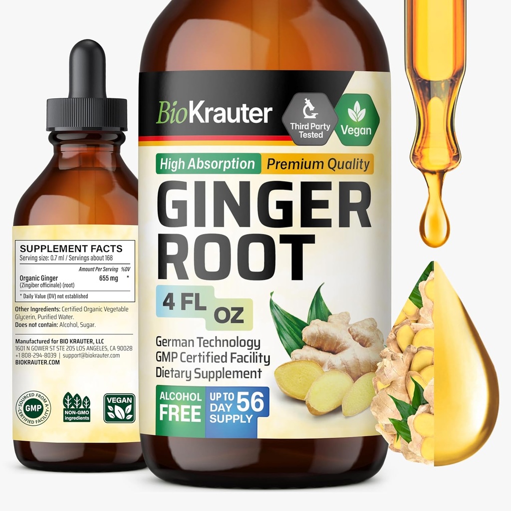 BIO KRAUTER Ingefær Root Extract - Natural Ingefær Kosttilskud til Samlet Wellness - Alkohol og sukker fri - Vegansk Drops 4 Fl.Oz.