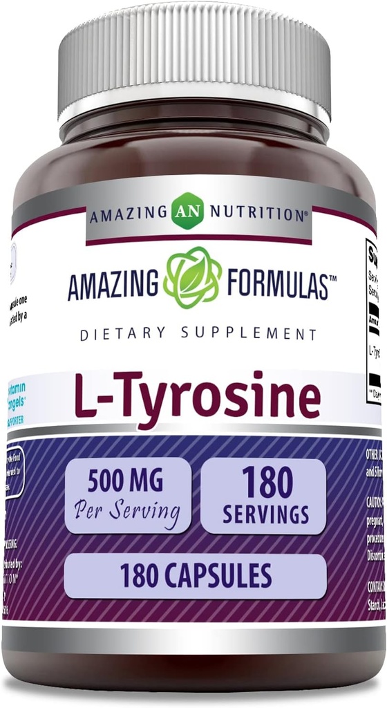 Amazing Formulas L- Tyrosine Amino Acid Supplement- 124; 500 Mg per servering - 124; 180 Kapsler - 124; Non- GMO - 124; Gluten- fri - 124; Fremstillet i USA