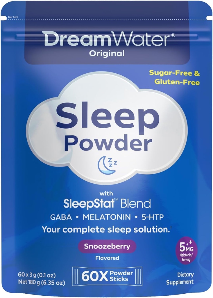 Dream Water Sleep Aid, Powder; GABA, MELATONIN, 5-HTP, Snoozeberry, 60 Greve