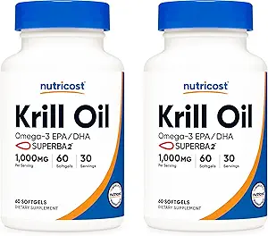 Nutricost krill Oil 1000mg; 60 flydende bløddele (2 flasker) - Omega-3 EPA- DHA