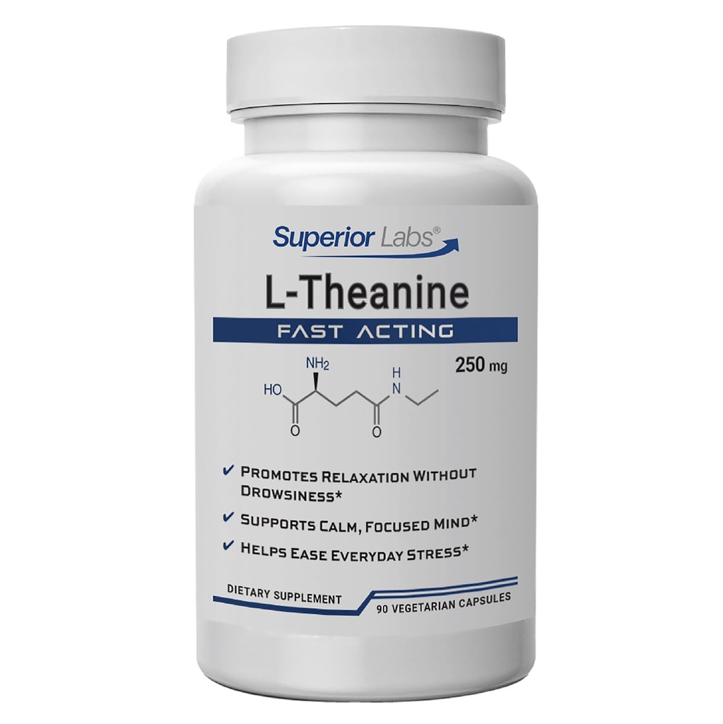 Superior Labs L- Theanine 250 mg kapsler, Pure Non- GMO suntheanin, Filler- Free, fremmer afslapning & Stress Relief, understøtter sund søvn, forbedret fokus og opmærksomhed, høj absorption, 90 Veg Caps