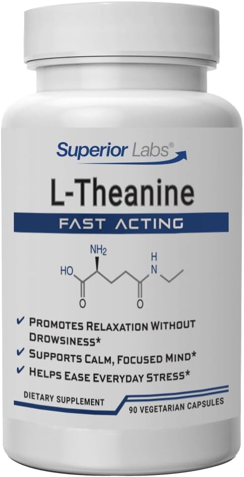 Superior Labs L- Theanine 250 mg kapsler, Pure Non- GMO suntheanin, Filler- Free, fremmer afslapning & Stress Relief, understøtter sund søvn, forbedret fokus og opmærksomhed, høj absorption, 90 Veg Caps