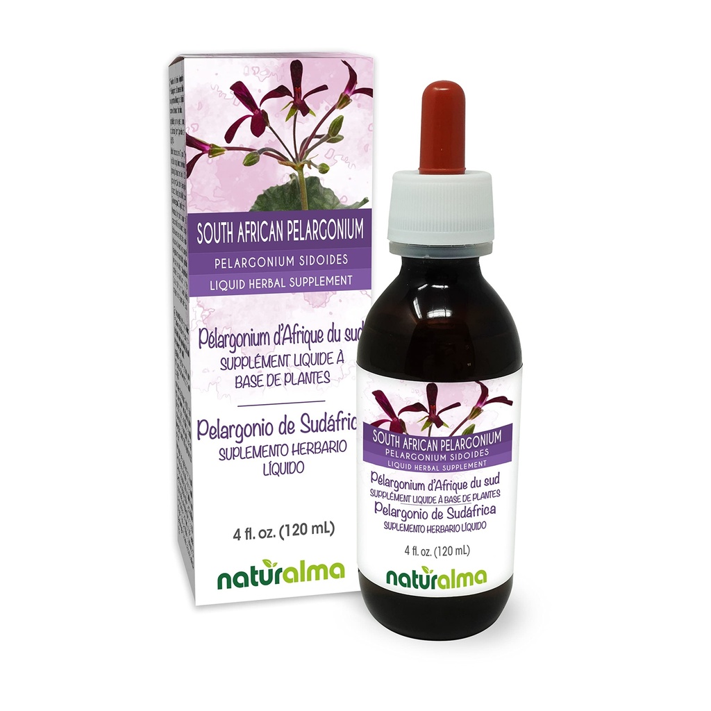 Naturalma Sydafrikansk Pelargonium eller Umckaloaba (Pelargonium sidoides) Root Alkohol- Free Tincture - 4 fl oz Liquid Extract in Drops - Herbal Supplement - Vegan