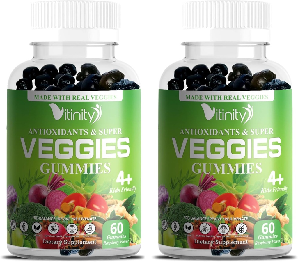 VITINITY Veggies Supplement- Made with Real Super Veggies Delicious Gummies (120 Chews), 30 Veggies, Urter, Frugt og Grøntsager Supplement, Non-GMO, Pectin- baseret, Gluten- Free, No More Pills (60 Dag)