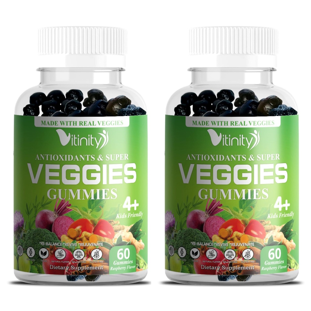 VITINITY Veggies Supplement- Made with Real Super Veggies Delicious Gummies (120 Chews), 30 Veggies, Urter, Frugt og Grøntsager Supplement, Non-GMO, Pectin- baseret, Gluten- Free, No More Pills (60 Dag)