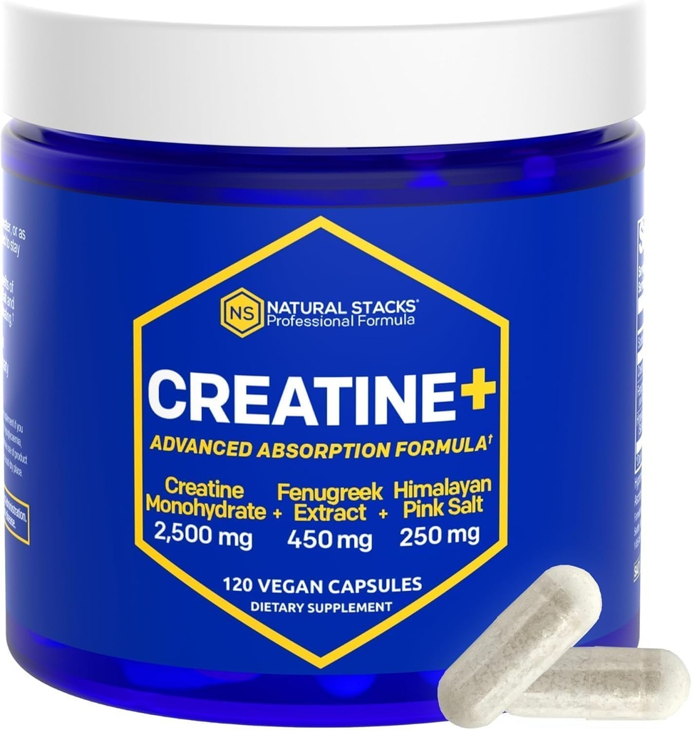 Creatinmonohydrat - 2500mg Creatinin Pills - 450mg Fenugreek Extract & 250mg Himalayan Pink Salt - understøtter hjernesundhed, Endurance & Muscle Building - Advanced Absorption Formel - 120 Kapsler