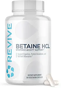 Revive MD Betaine HCL with Pepsin Digestive Enzymes, 180 Vegetarian Capsules - Betaine Hydrochloride Supplement Supports Healthy Digestion & Nutrient Absorption - Helps with Stomach Acid Levels