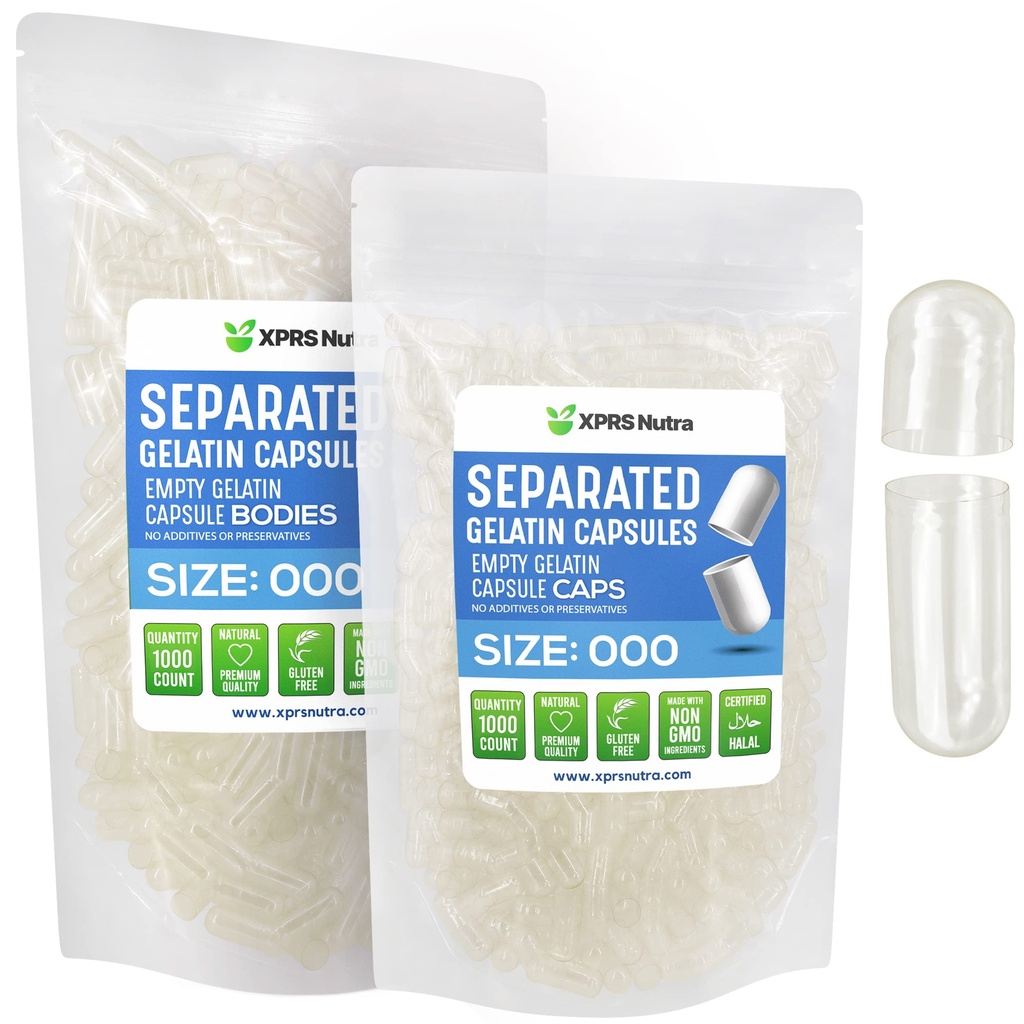 XPRS Nutra Separated Capsules Størrelse 000- 1000 Greve Clear Big Tom Gelatine Capsules Separated in Tasker - Premium Clear Empty 000 Pills for DIY Supplement Filling