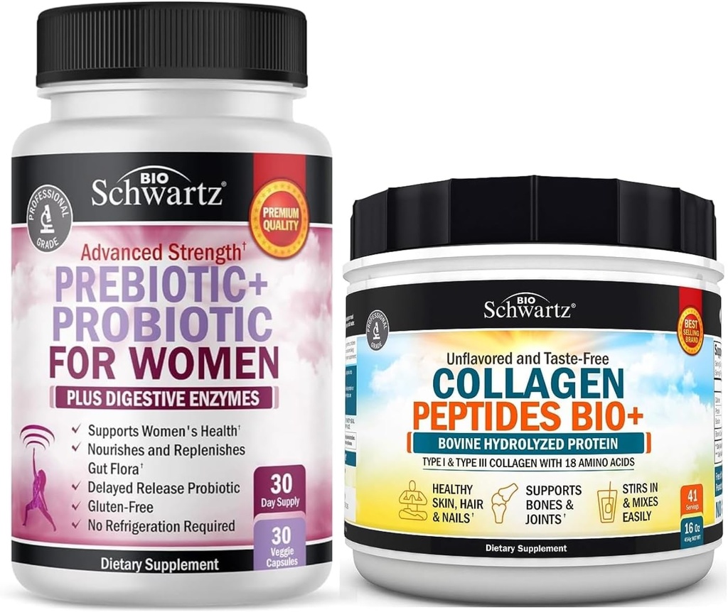 BioSchwartz Hydrolyzed Collagen Peptider Powder (40 + Servering) Plus Prebiotika og Probiotika med fordøjelige enzymer til kvinder (1 måned Tilgang)