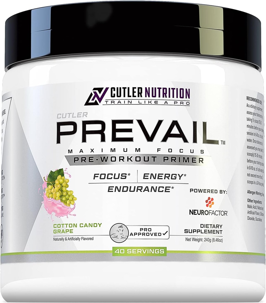 Prevail Pre Workout Powder med Nootropics: Pre Workout for mænd og kvinder, skæring Edge energi og fokus supplement med L Citrullin, Alpha GPC, L Tyrosine Shue 124; Cotton Candy Grape, 40 Scops