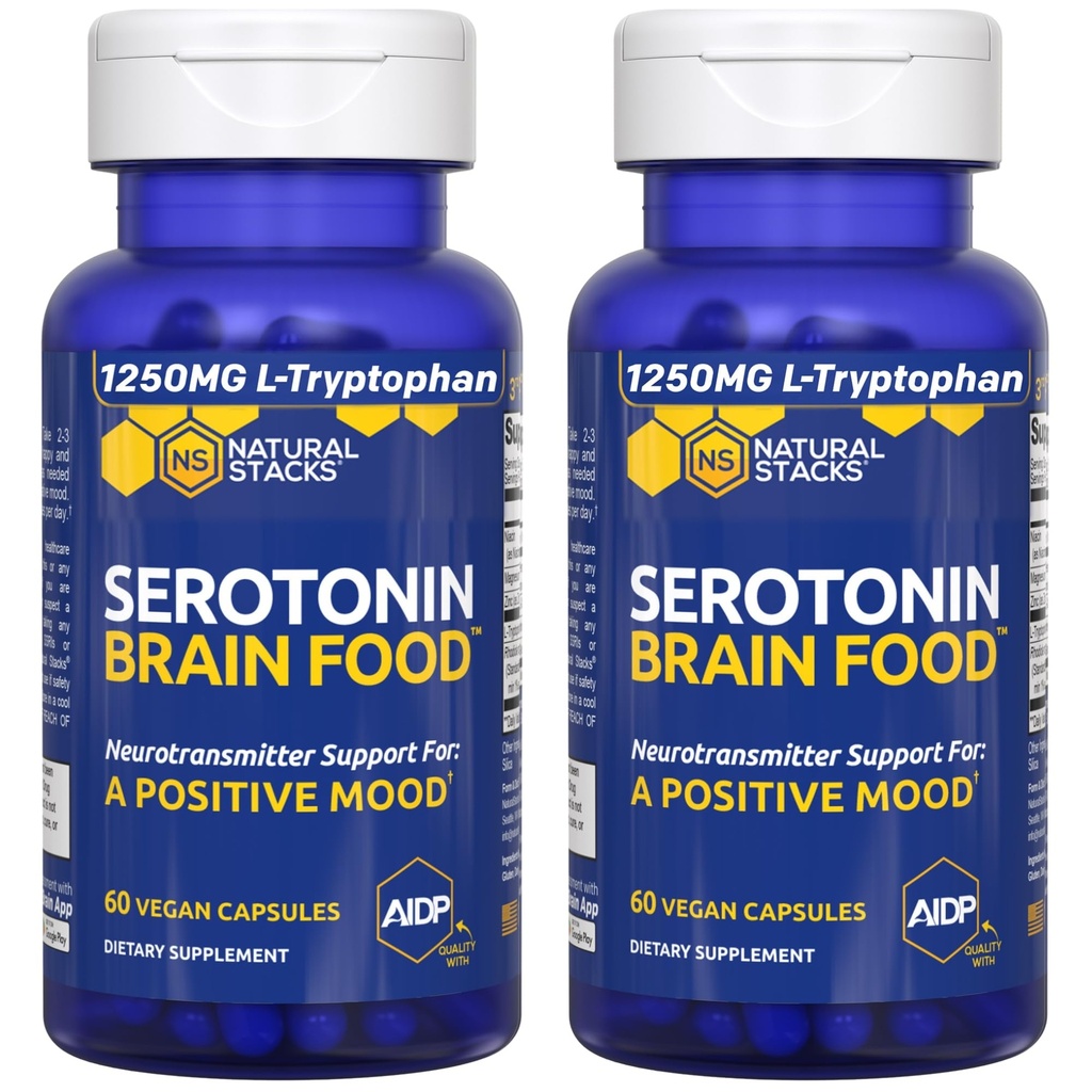 Serotonin Brain Food - 1250mg L- Tryptophan & 400mg Rhodiola Rosea Supplement - Food Support for Stress Relief - Neurotransmitter Support med Magnesium Glycinate & Zink - 120 Kapsler