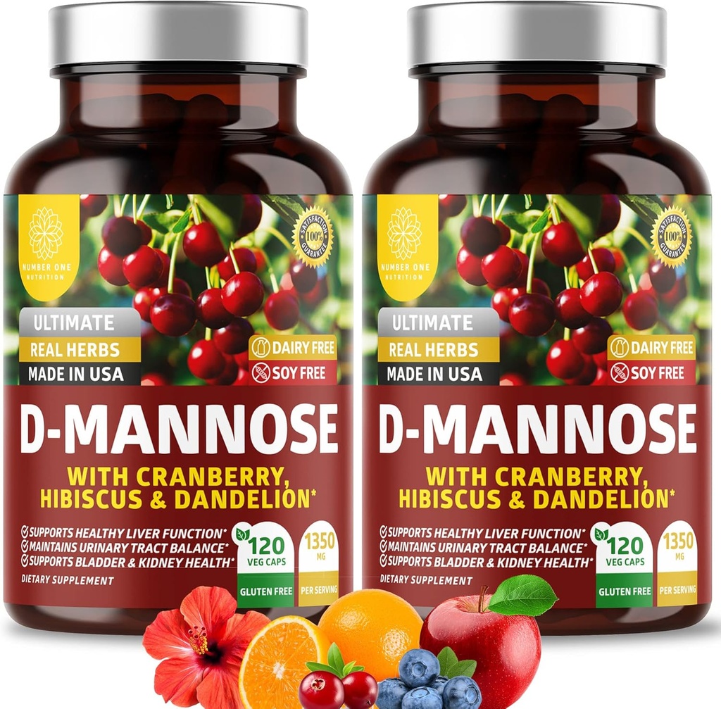 Nummer et Nutrition Premium D Mannose Supplement for kvinder og mænd [Max Strength, 1350MG] Natural D-Mannose med Cranberry, Hibiscus og Mælkebøtte for urinveje Tract Health, 240 Greve