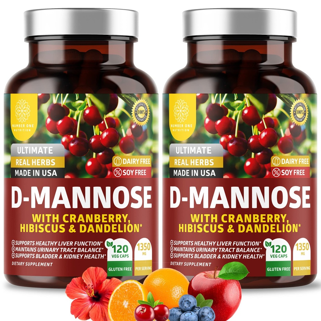 Nummer et Nutrition Premium D Mannose Supplement for kvinder og mænd [Max Strength, 1350MG] Natural D-Mannose med Cranberry, Hibiscus og Mælkebøtte for urinveje Tract Health, 240 Greve