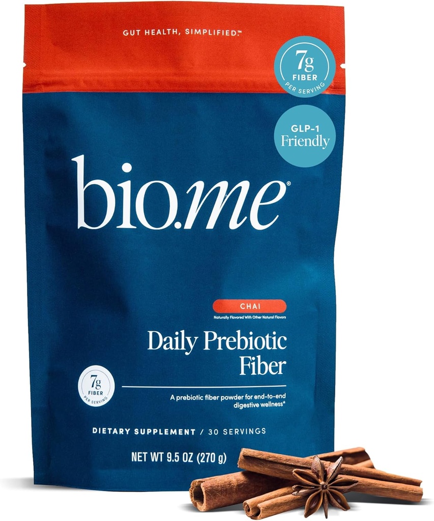 Bio.me Daily Prebiotic Fiber Powder Chai - 7g Per Serving - Opløselig & Uopløselig Fiber Supplement Pulver til kvinder & mænd - fordøjelsessygdomme & Gut Health - GLP-1 Friendly, Sugar Free - 30 Servere