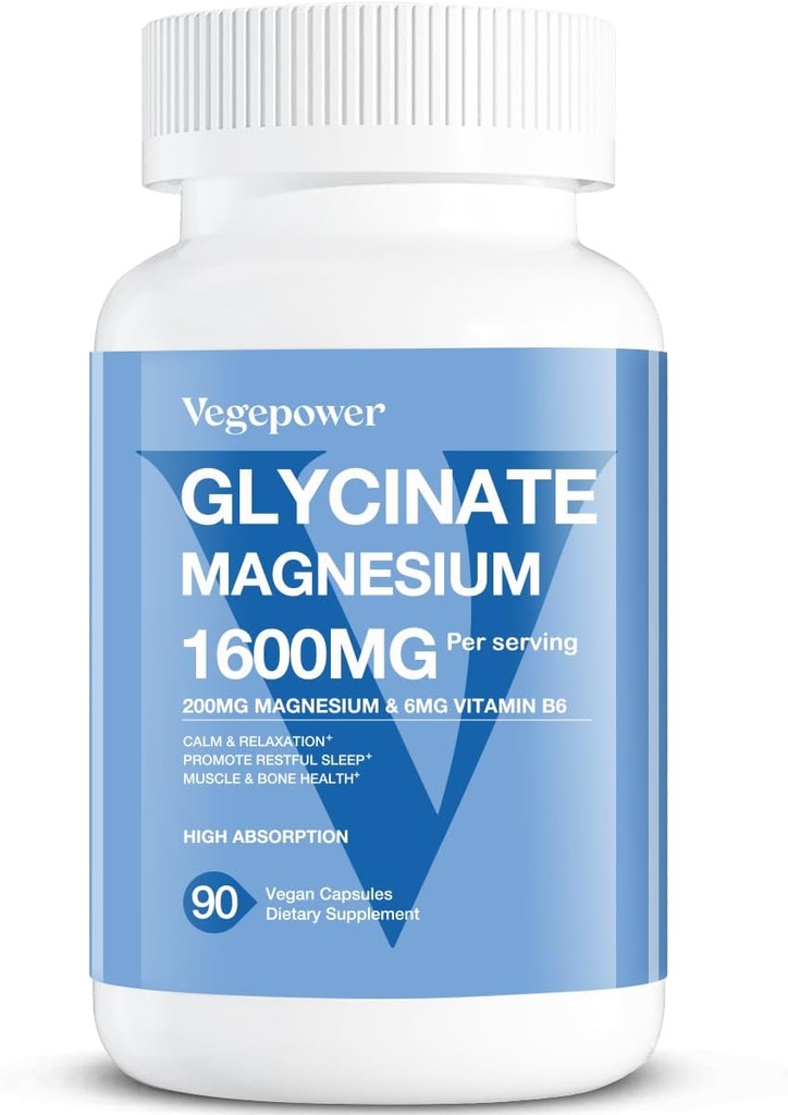 Magnesium Glycinat 200mg, høj Absorption Vegan Magnesiumtilskud, Fuldt Chelated Magnesium Zinkvitamin D & B6, Magnesium Bisglycinat til søvn, Knogler & Muskelsundhed, Nerve, Non- GMO, 90 Kapsler