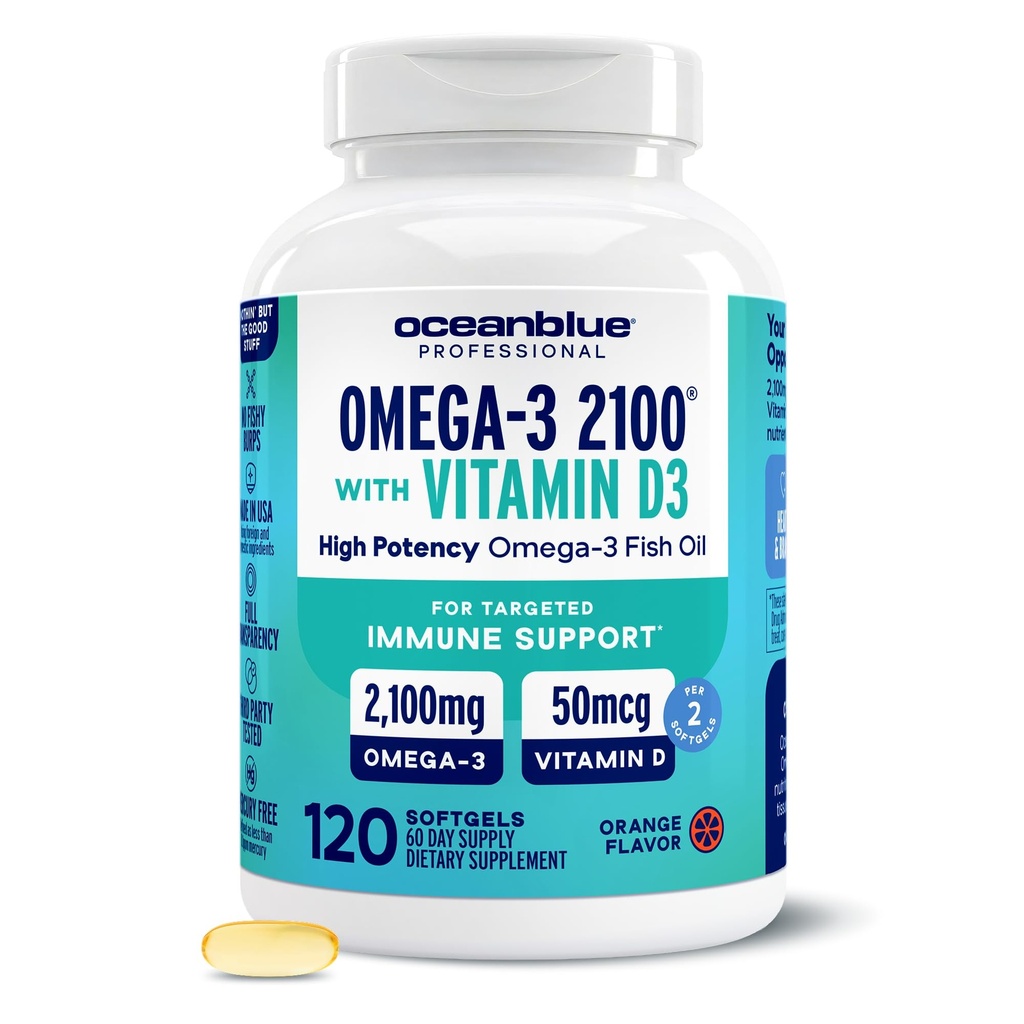 Oceanblå Professional Omega-3 2100 med vitamin D3 - 120 ct - Triple Strength Burpless Fish Oil Supplement med høj potens EPA, DHA, DPA og D3-vitamin - Wild-fanget - Orange Flavor (60 Servere)