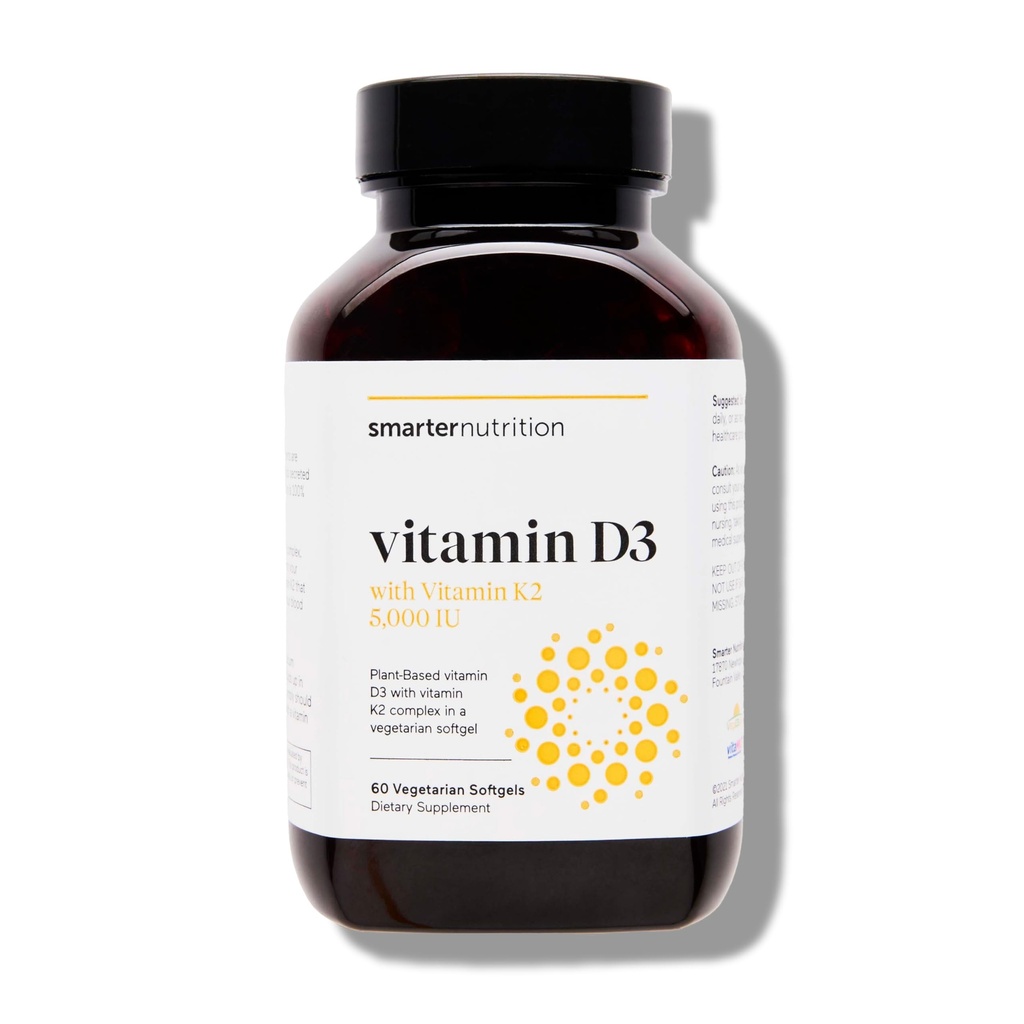 SMARTERNUTRITION Vegan Vitamin D3 5000 IE + Natural Vitamin K2 1100 mcg in Organic Coconut & Olive Oil - D3 K2 Supplement til immun- og benstøtte - 60 Softgels [30 dages forsyning]